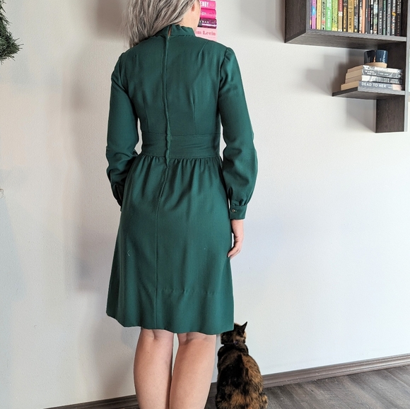 dark green LONG SLEEVE DRESS 1970's vintage S - Picture 9 of 13